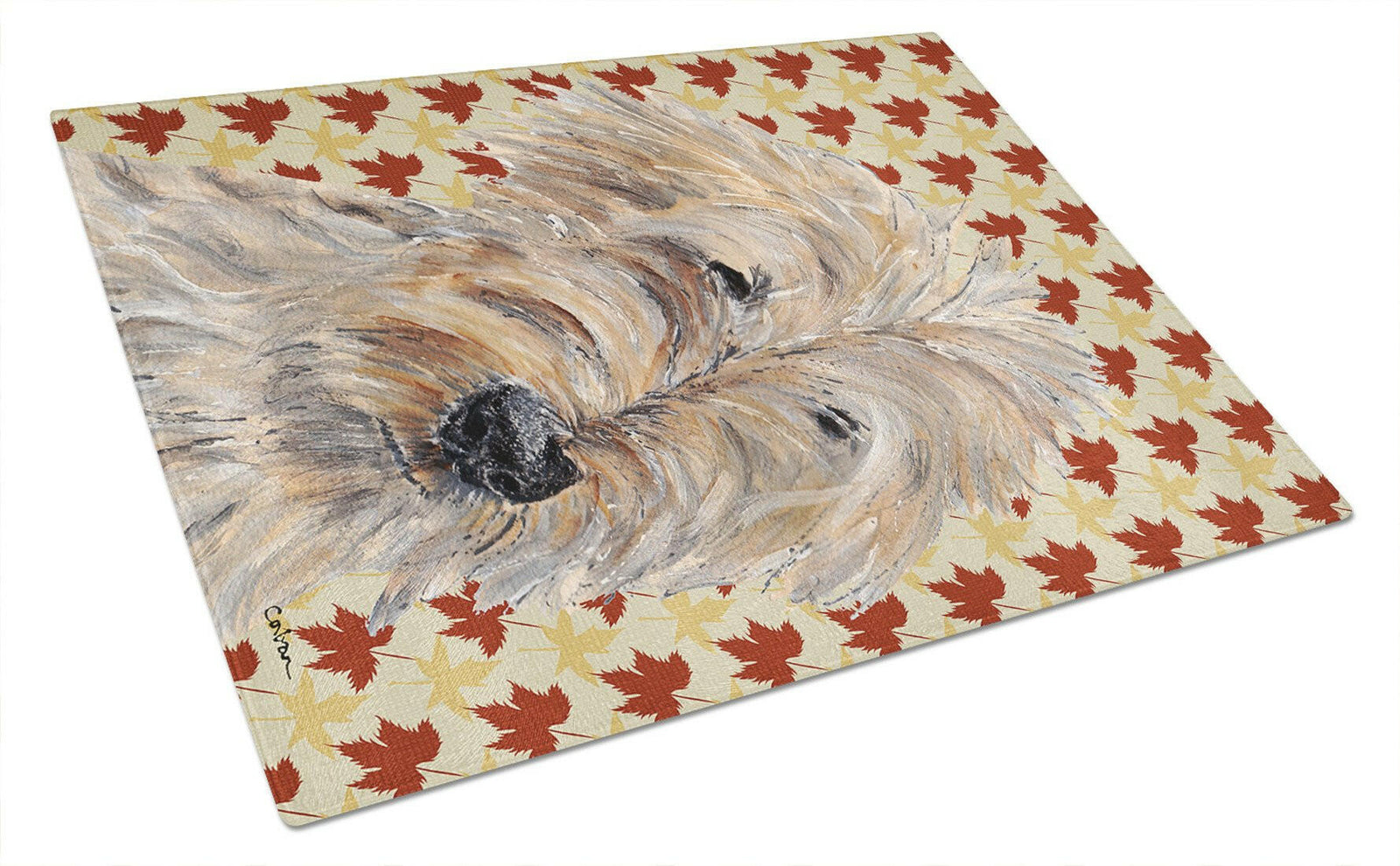 Goldendoodle Fall Leaves Glass Cutting Board Large by Caroline's Treasures
