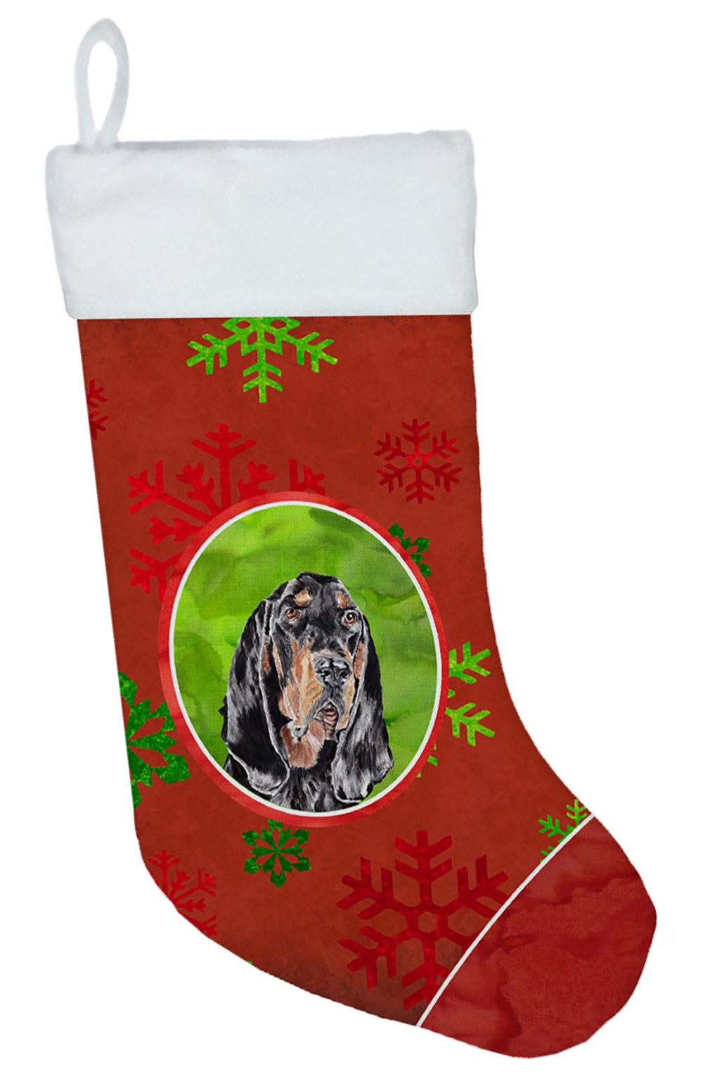 Black and Tan Coonhound Red Snowflakes Holiday Christmas Stocking SC9581-CS