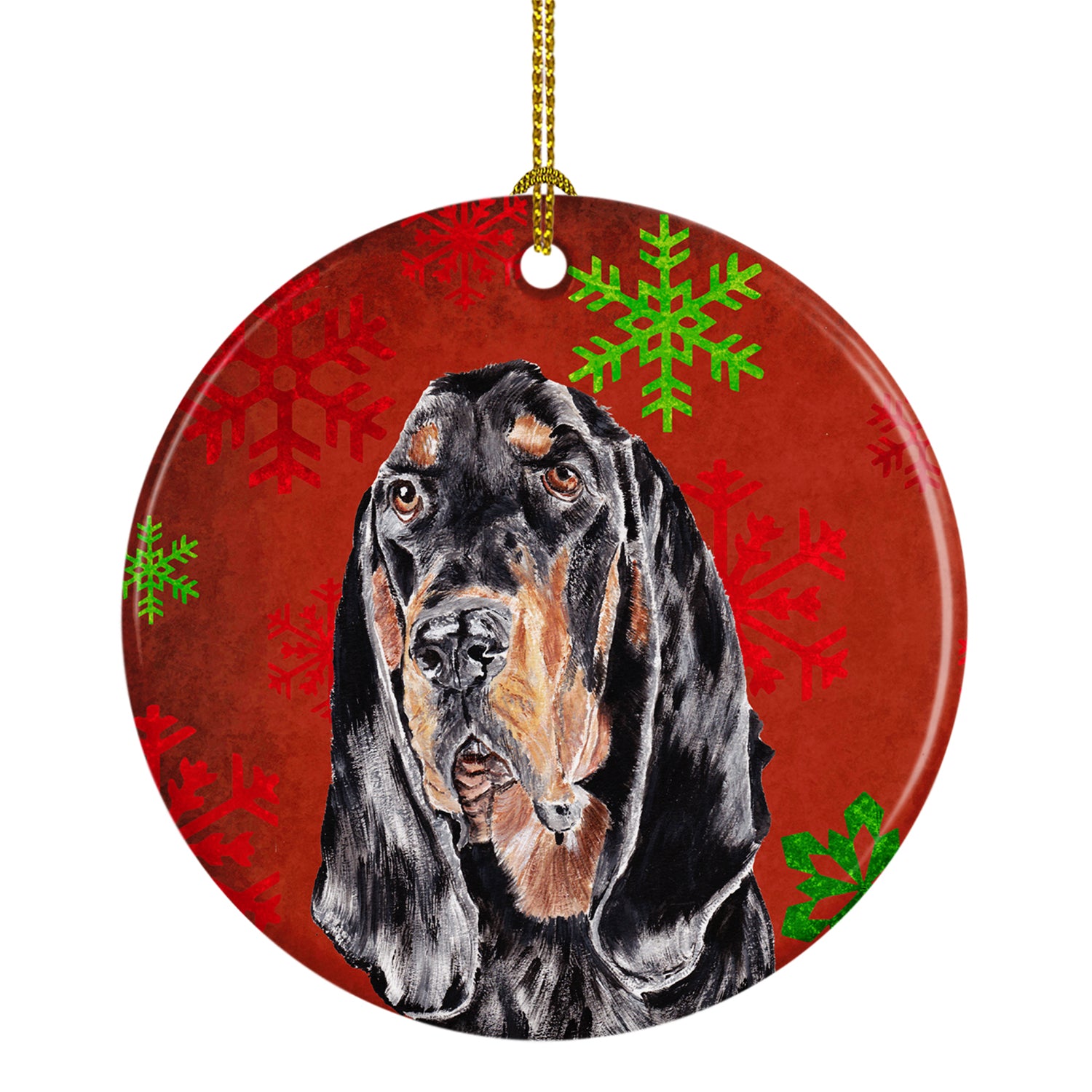 Black and Tan Coonhound Red Snowflakes Holiday Ceramic Ornament SC9581CO1 - the-store.com