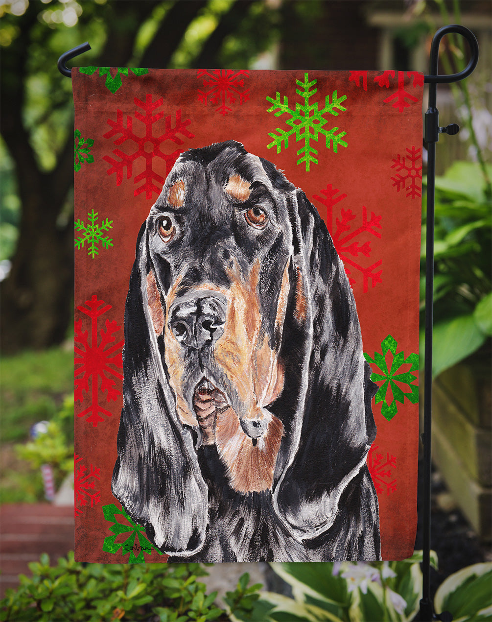 Coonhound Red Snowflake Christmas Flag Garden Size.