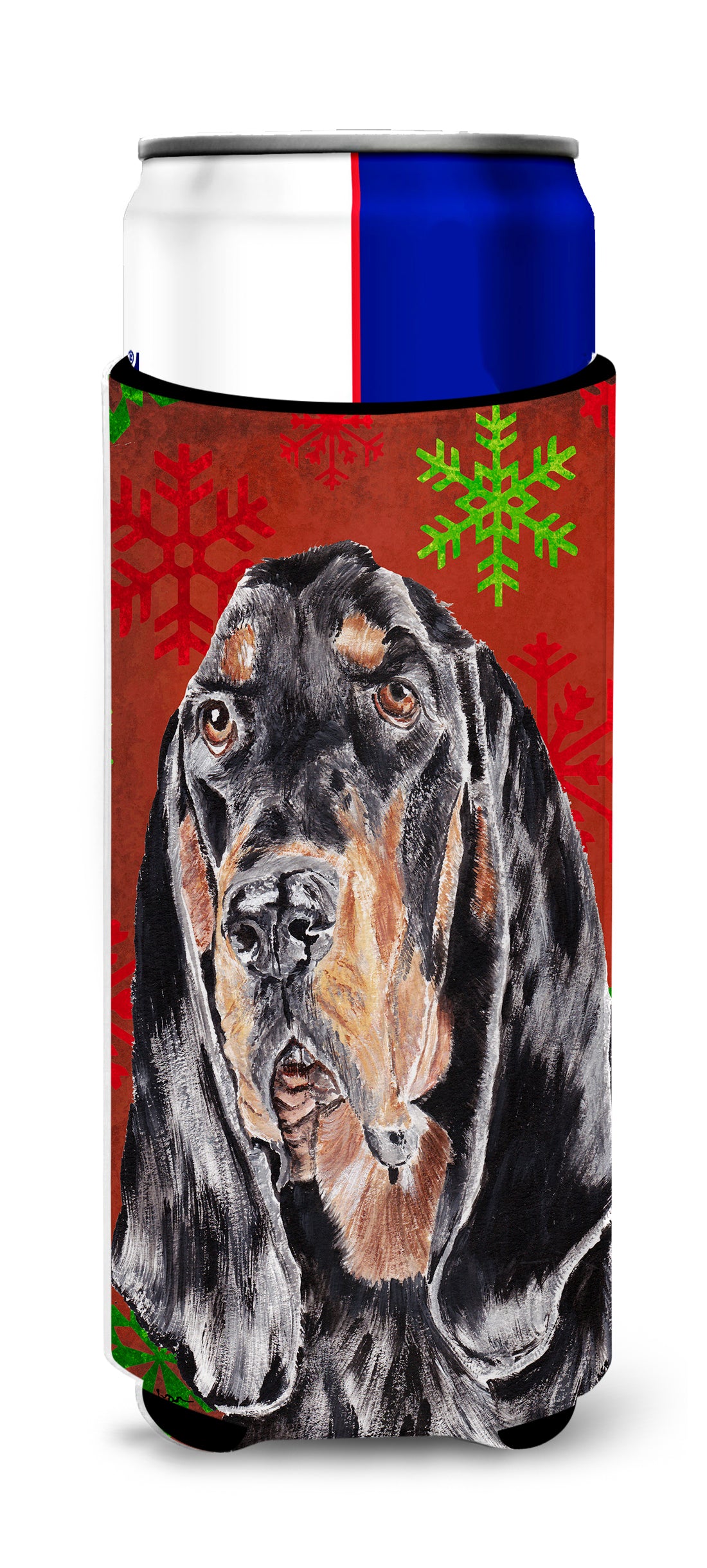 Coonhound Red Snowflake Christmas Ultra Beverage Insulators for slim cans.