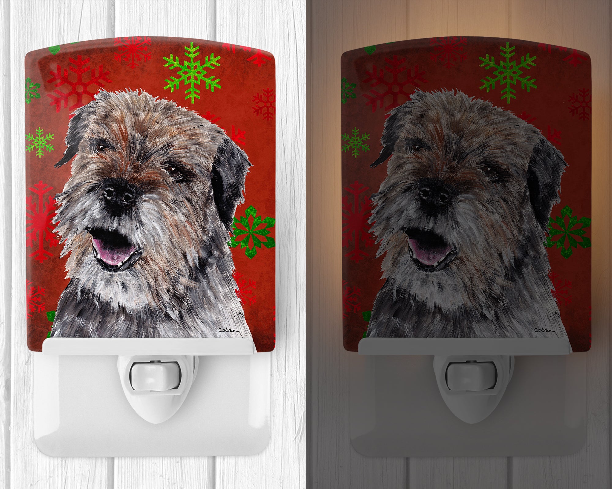 Border Terrier Red Snowflakes Holiday Ceramic Night Light SC9585CNL - the-store.com