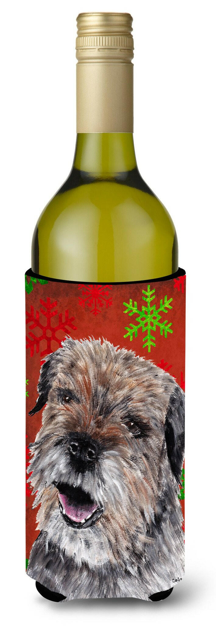 Border Terrier Red Snowflake Christmas Wine Bottle Beverage Insulator Beverage Insulator Hugger by Caroline&#39;s Treasures