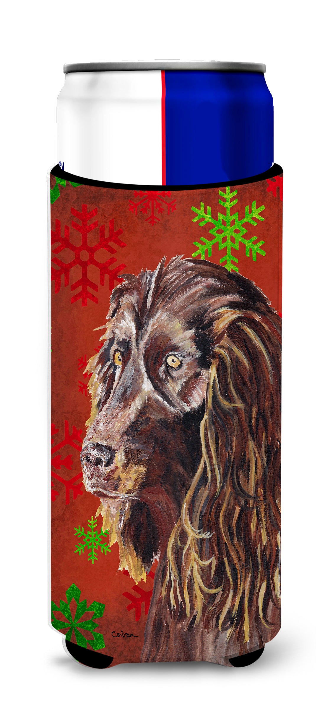 Boykin Spaniel Red Snowflake Christmas Ultra Beverage Insulators for slim cans.