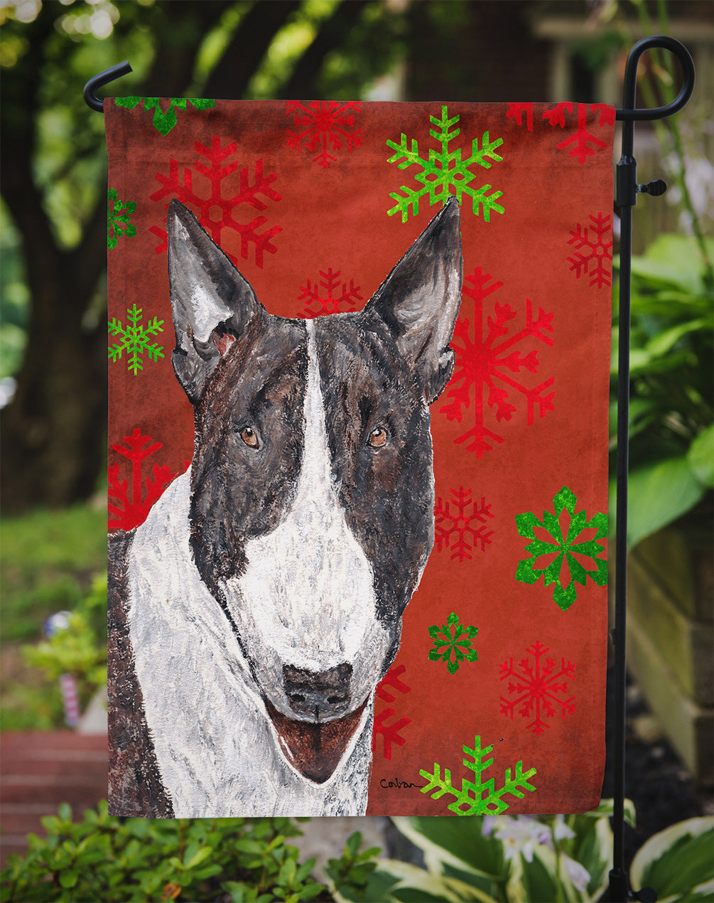 Bull Terrier Red Snowflake Christmas Flag Garden Size.