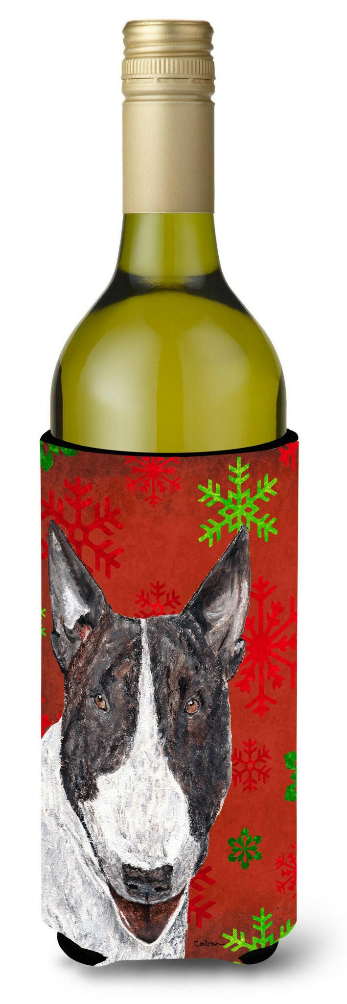 Bull Terrier Red Snowflake Christmas Wine Bottle Beverage Insulator Beverage Insulator Hugger by Caroline&#39;s Treasures