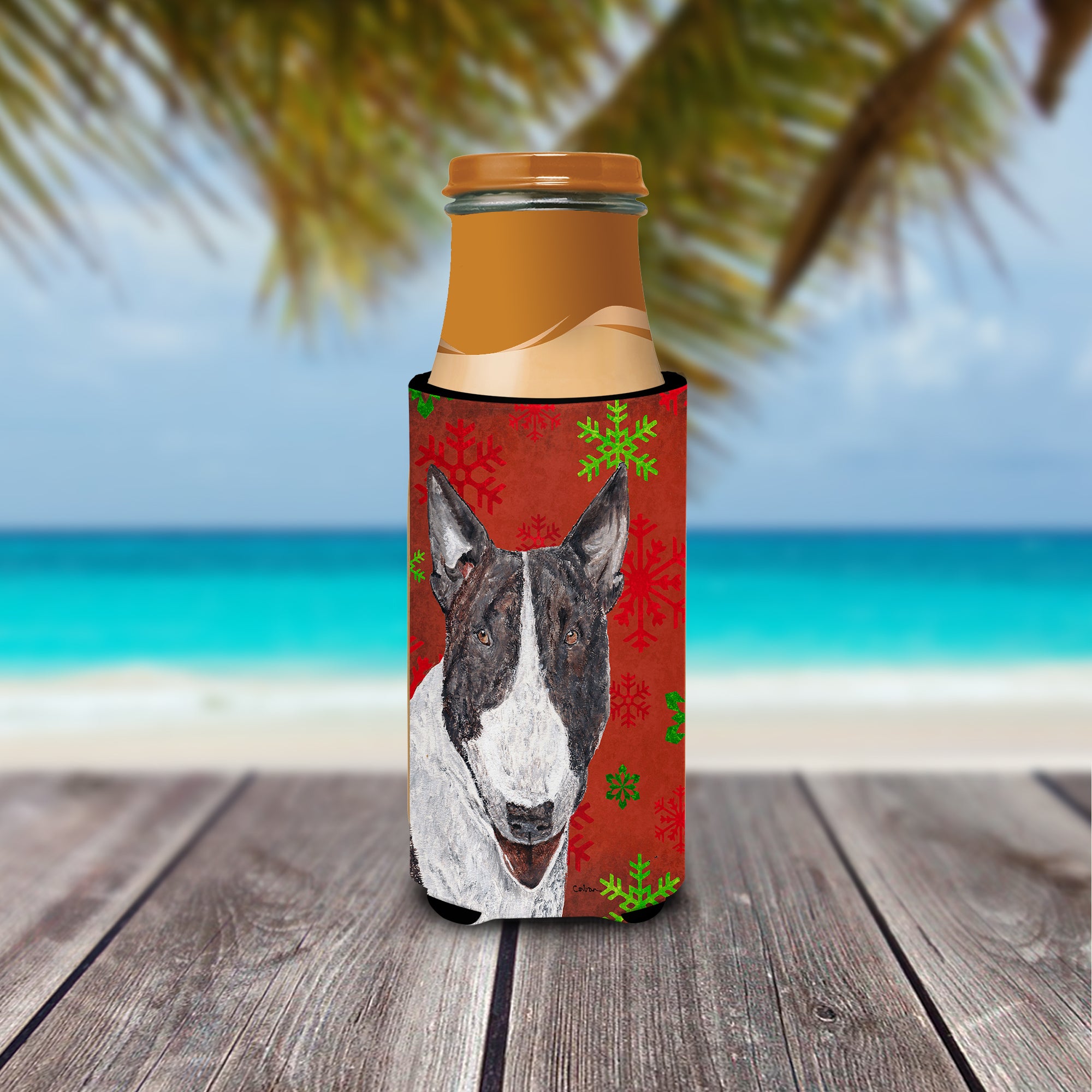 Bull Terrier Red Snowflake Christmas Ultra Beverage Insulators for slim cans