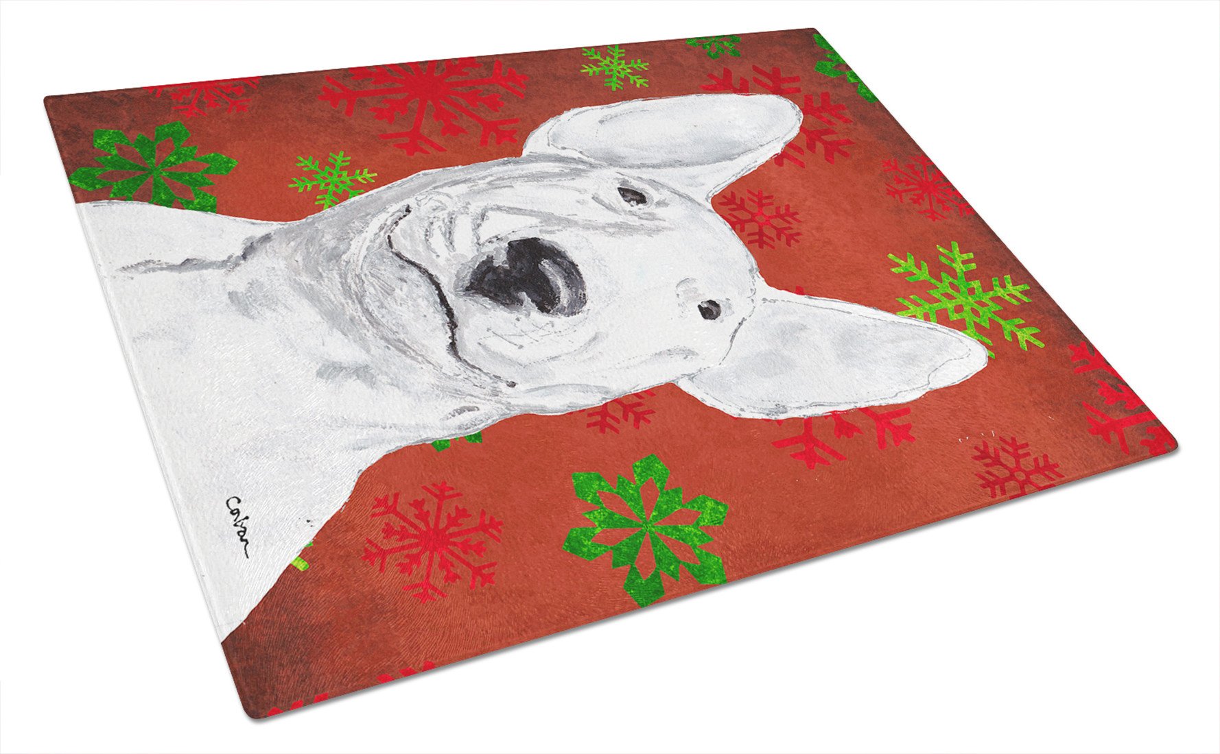 Bull Terrier Red Snowflake Christmas Glass Cutting Board Large by Caroline's Treasures