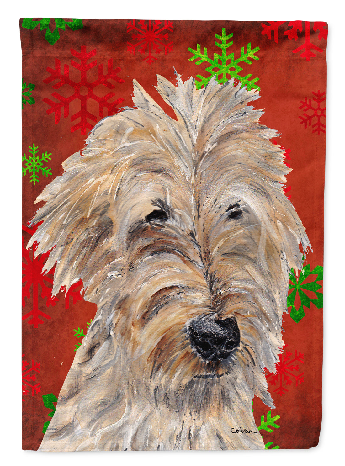 Goldendoodle Red Snowflake Christmas Flag Garden Size.