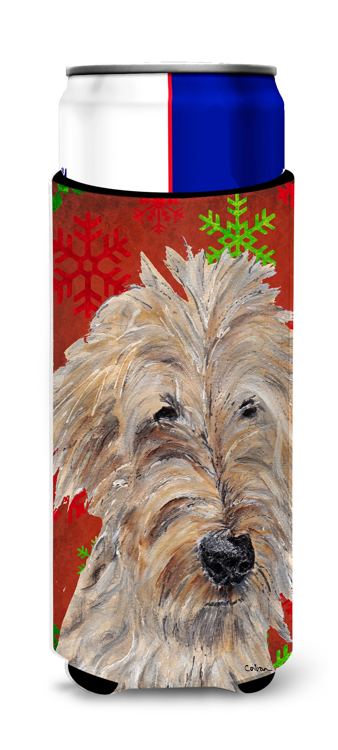 Goldendoodle Red Snowflake Christmas Ultra Beverage Insulators for slim cans.