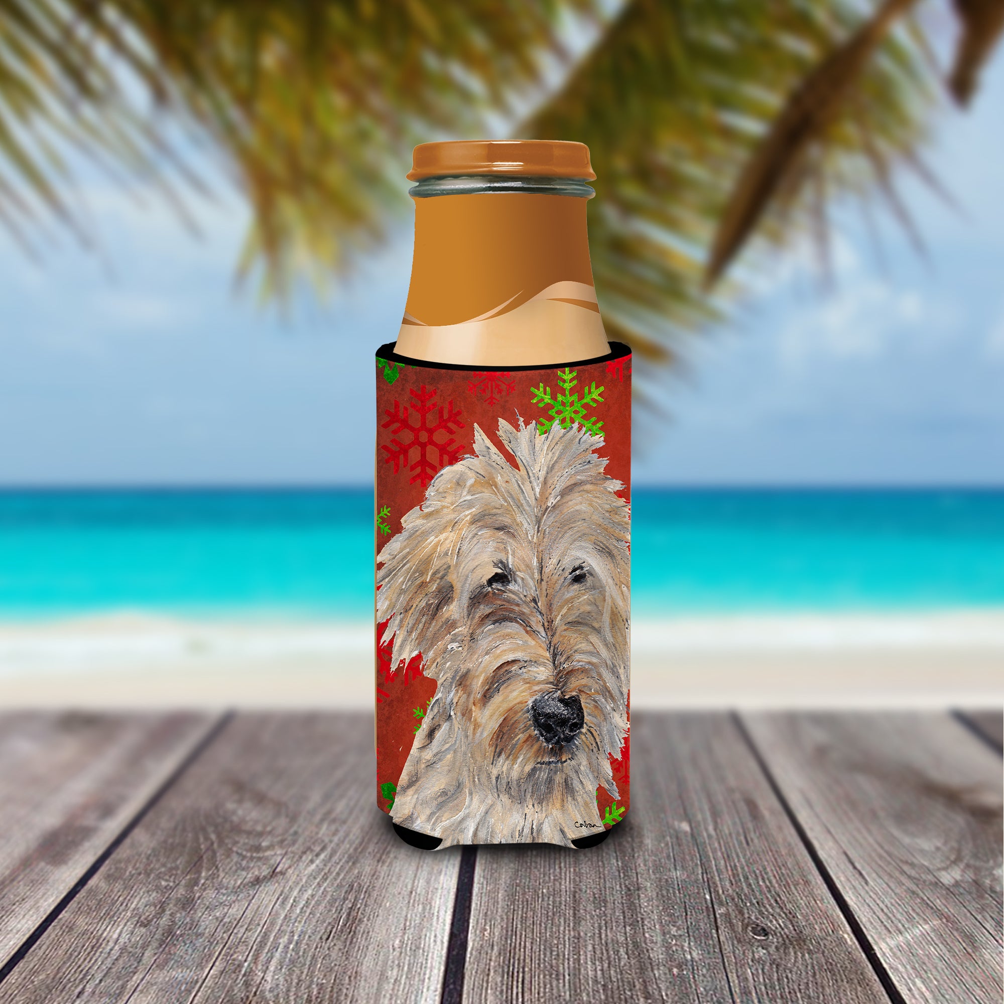 Goldendoodle Red Snowflake Christmas Ultra Beverage Insulators for slim cans