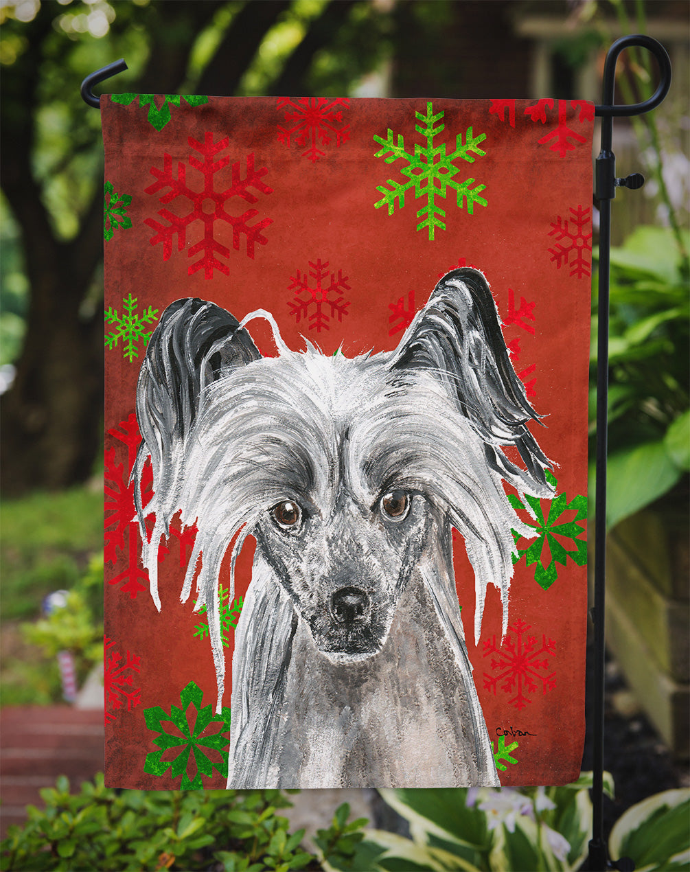 Chinese Crested Red Snowflake Christmas Flag Garden Size