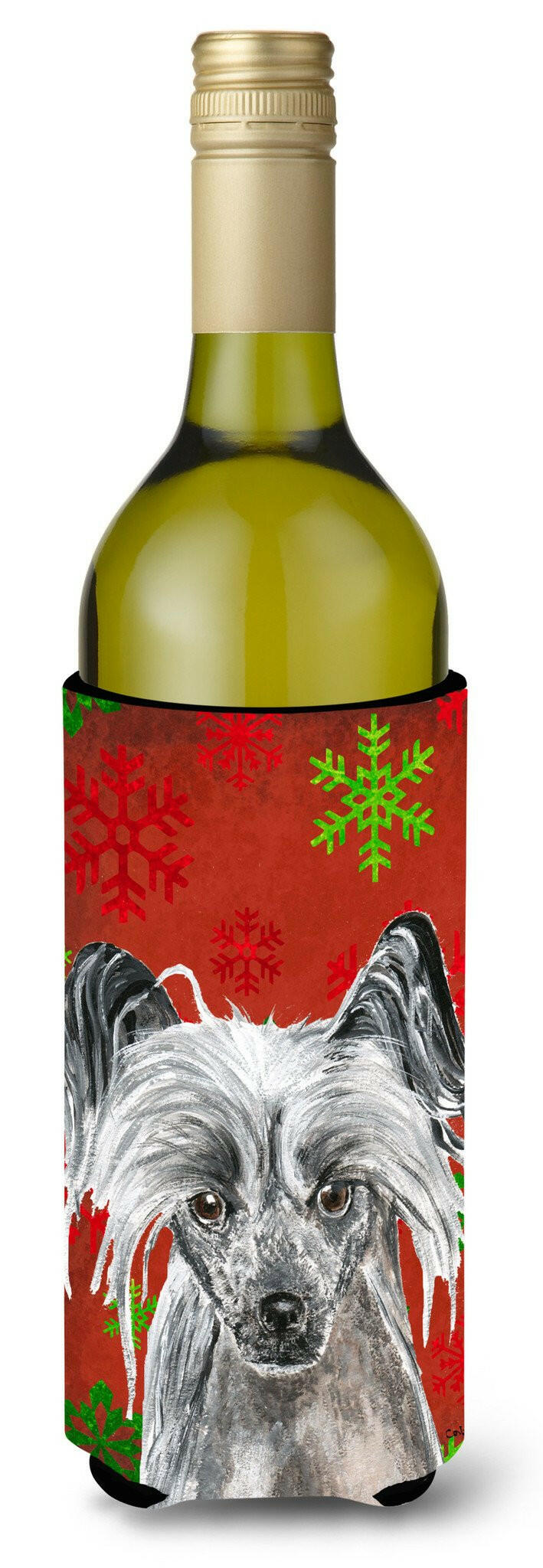 Chinese Crested Red Snowflake Christmas Wine Bottle Beverage Insulator Beverage Insulator Hugger by Caroline&#39;s Treasures