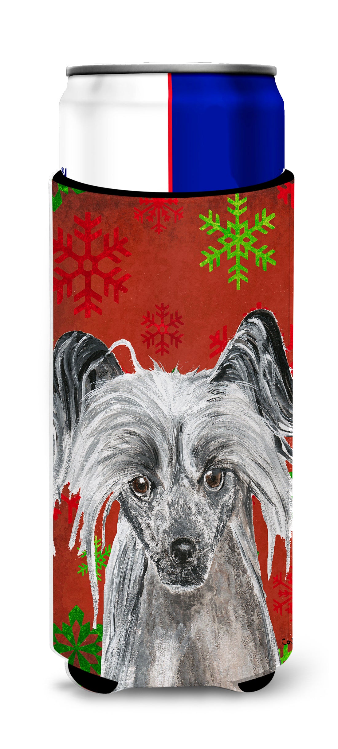 Chinese Crested Red Snowflake Christmas Ultra Beverage Insulators for slim cans.
