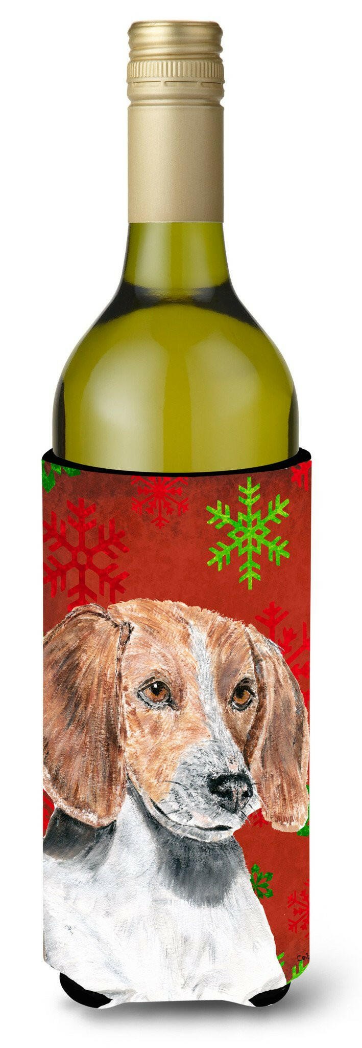 English Foxhound Red Snowflake Christmas Wine Bottle Beverage Insulator Beverage Insulator Hugger by Caroline&#39;s Treasures
