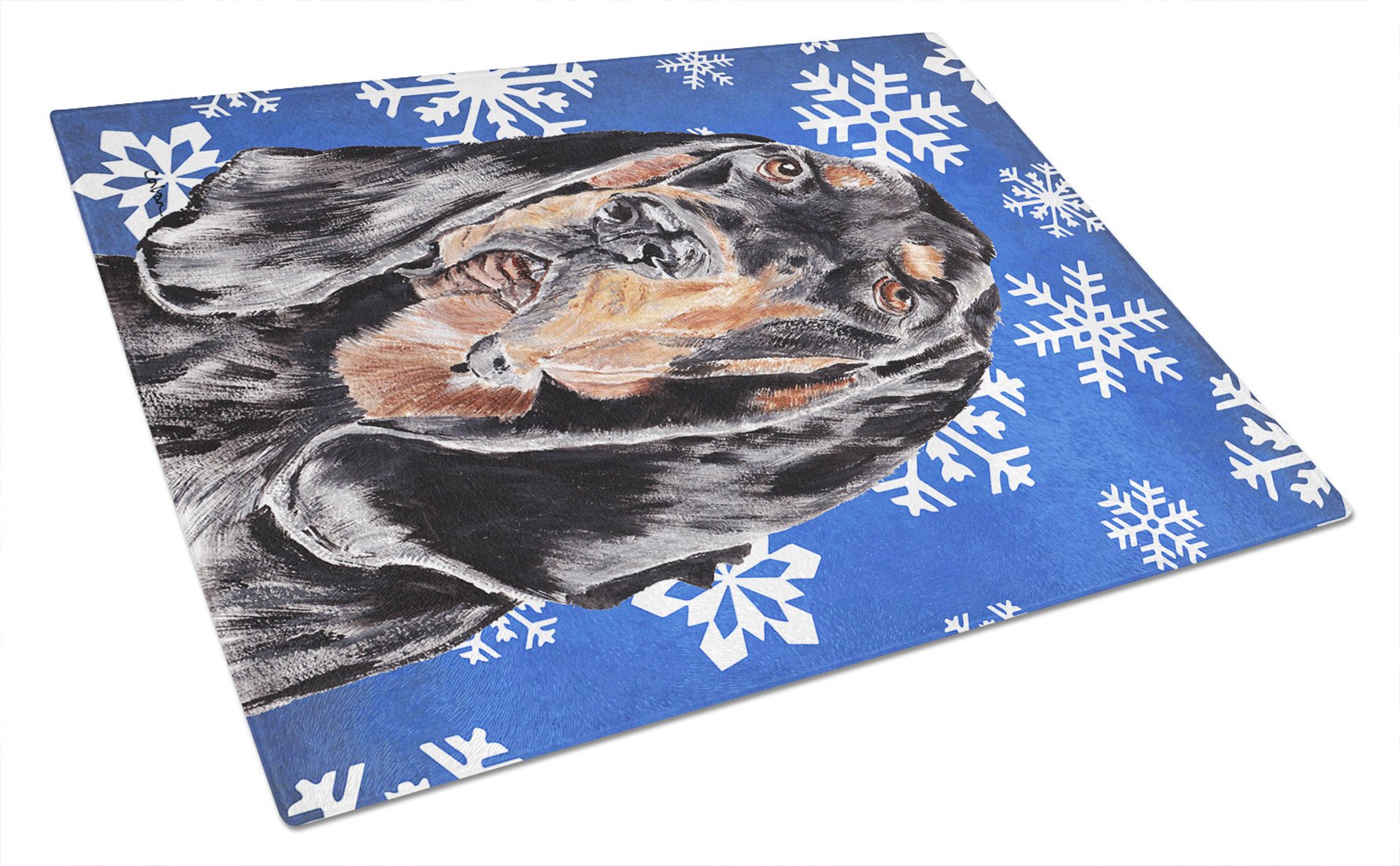Coonhound Blue Snowflake Winter Glass Cutting Board Large by Caroline's Treasures