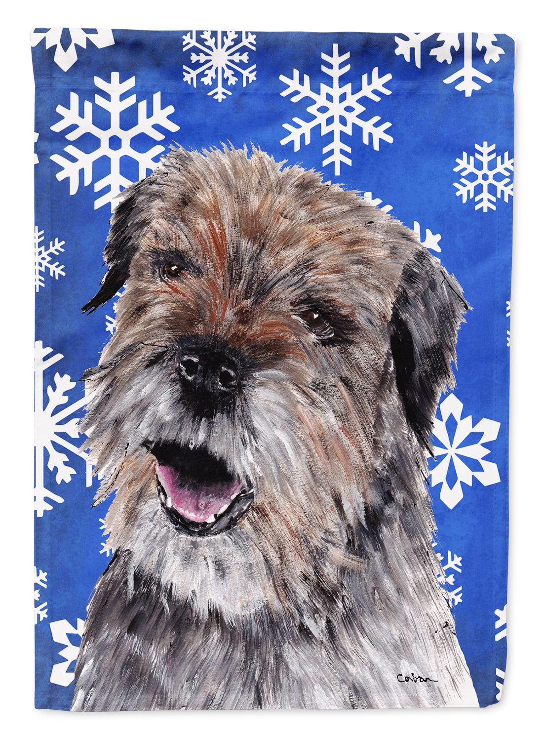 Border Terrier Blue Snowflake Winter Flag Canvas House Size  the-store.com.