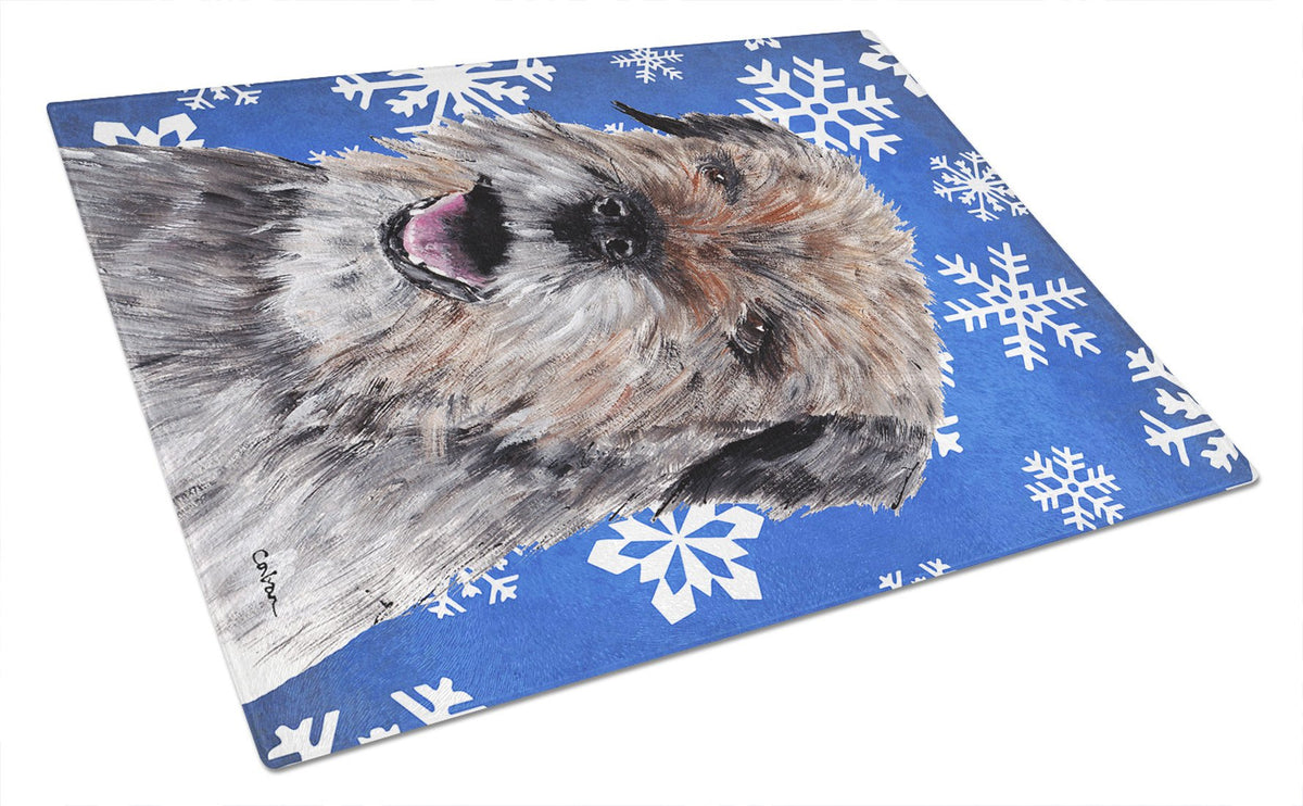 Border Terrier Blue Snowflake Winter Glass Cutting Board Large by Caroline&#39;s Treasures