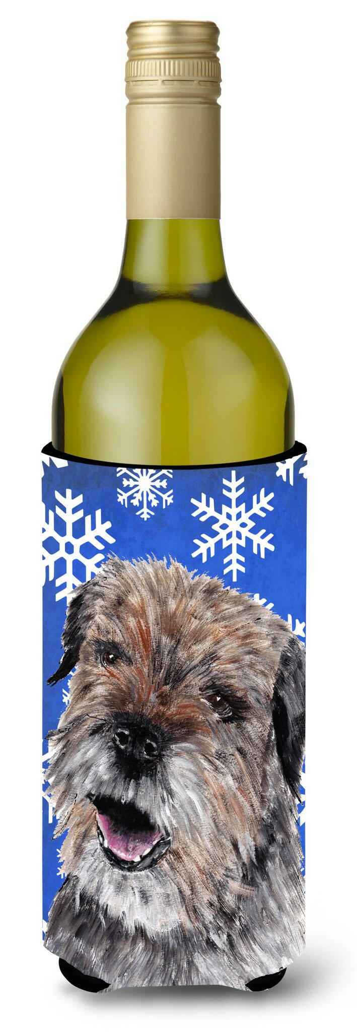 Border Terrier Blue Snowflake Winter Wine Bottle Beverage Insulator Beverage Insulator Hugger by Caroline's Treasures