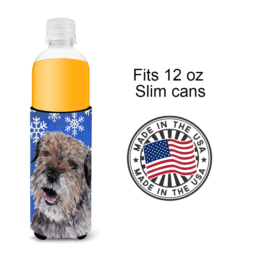 Border Terrier Blue Snowflake Winter Ultra Beverage Insulators for slim cans.