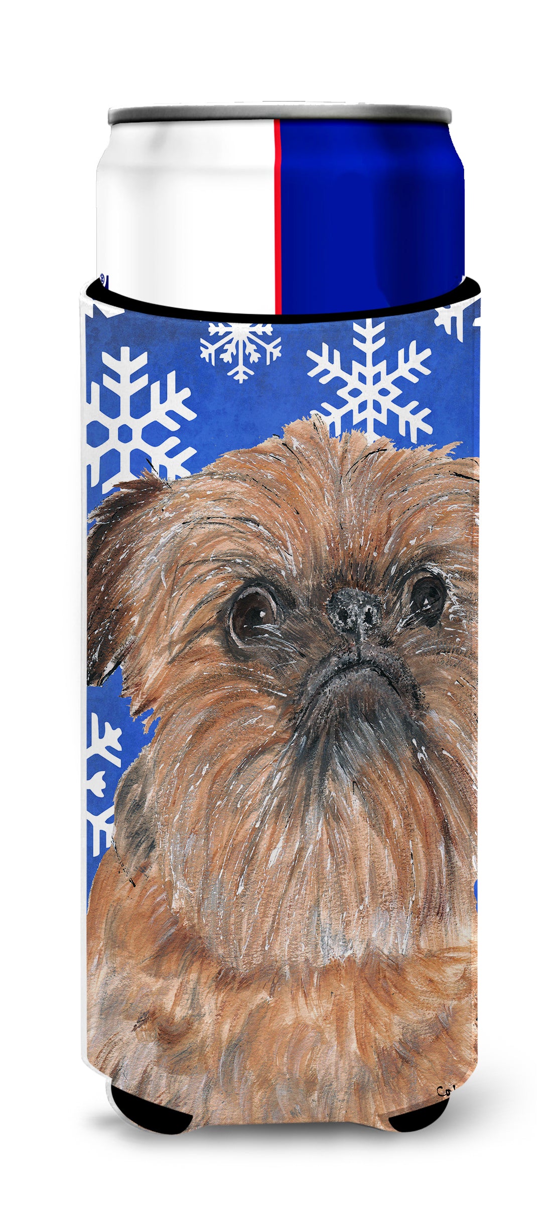 Brussels Griffon Blue Snowflake Winter Ultra Beverage Insulators for slim cans.