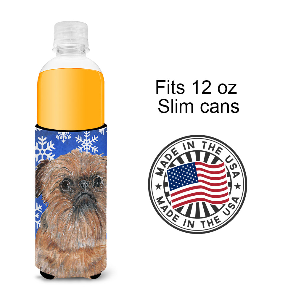 Brussels Griffon Blue Snowflake Winter Ultra Beverage Insulators for slim cans.