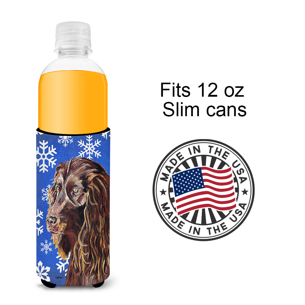 Boykin Spaniel Blue Snowflake Winter Ultra Beverage Insulators for slim cans.