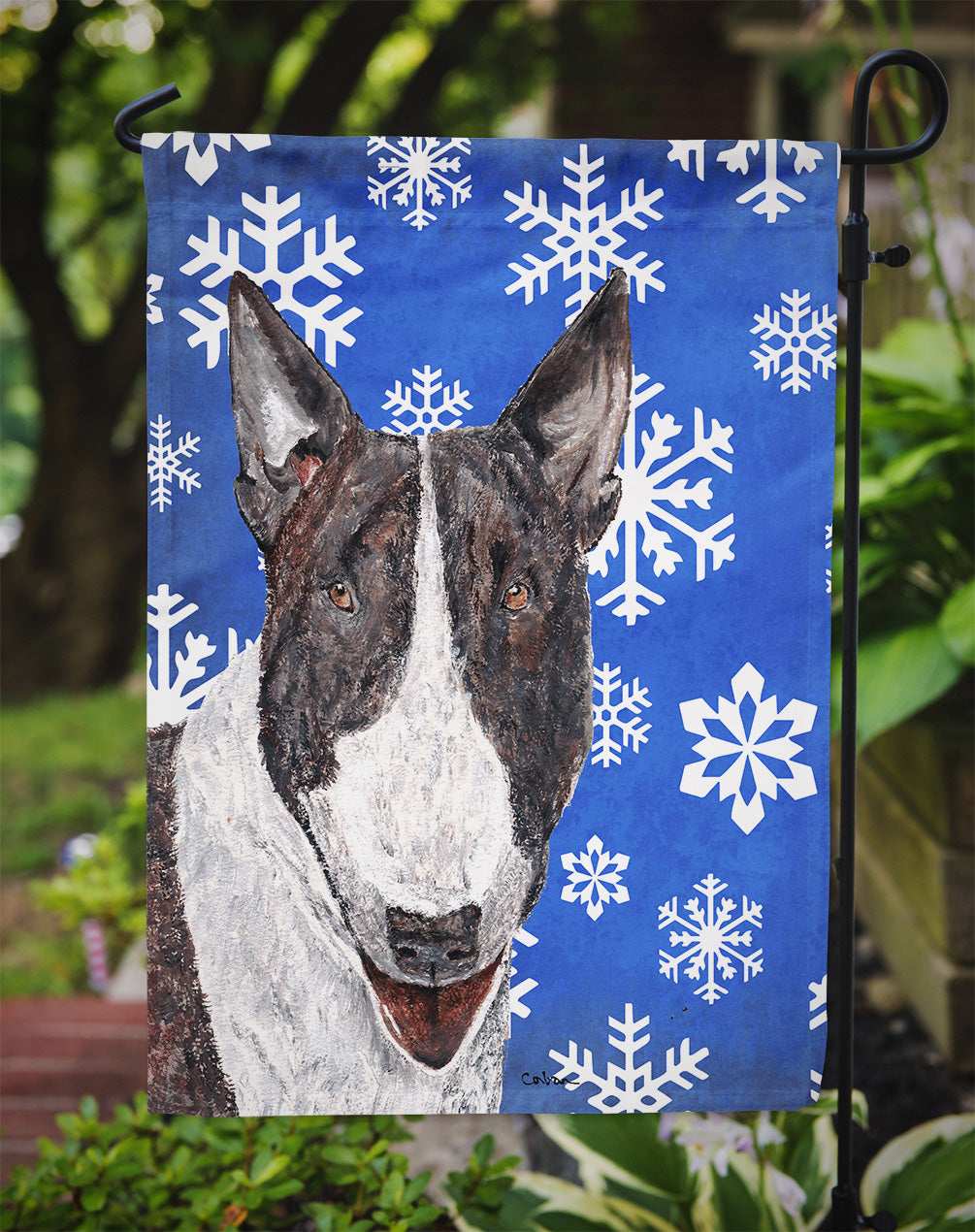 Bull Terrier Blue Snowflake Winter Flag Garden Size