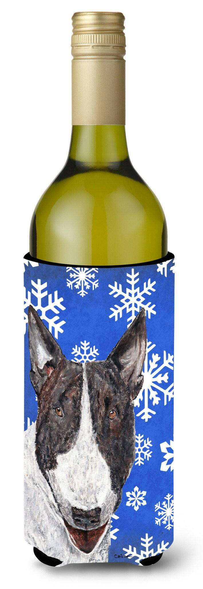 Bull Terrier Blue Snowflake Winter Wine Bottle Beverage Insulator Beverage Insulator Hugger by Caroline's Treasures