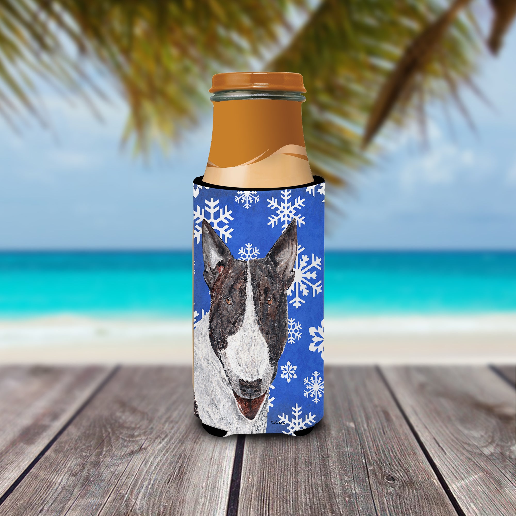 Bull Terrier Blue Snowflake Winter Ultra Beverage Insulators for slim cans.