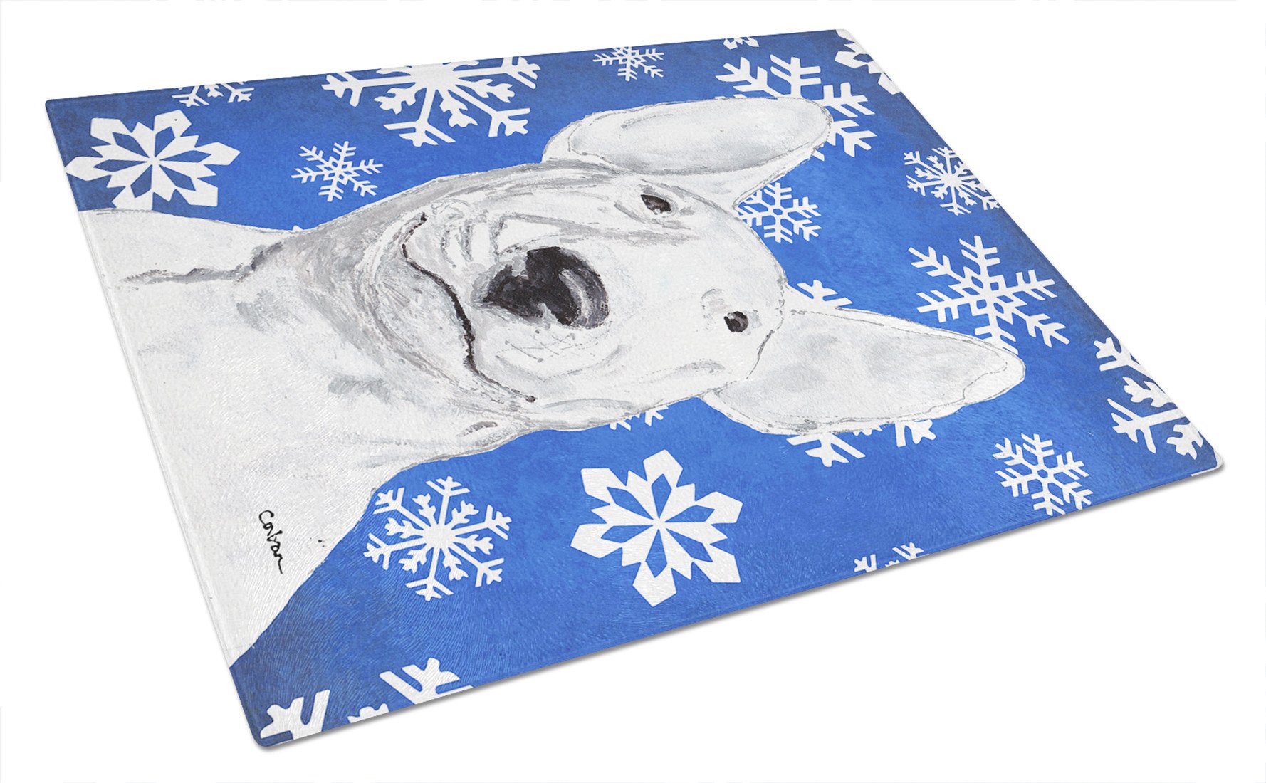 Bull Terrier Blue Snowflake Winter Glass Cutting Board Large by Caroline's Treasures