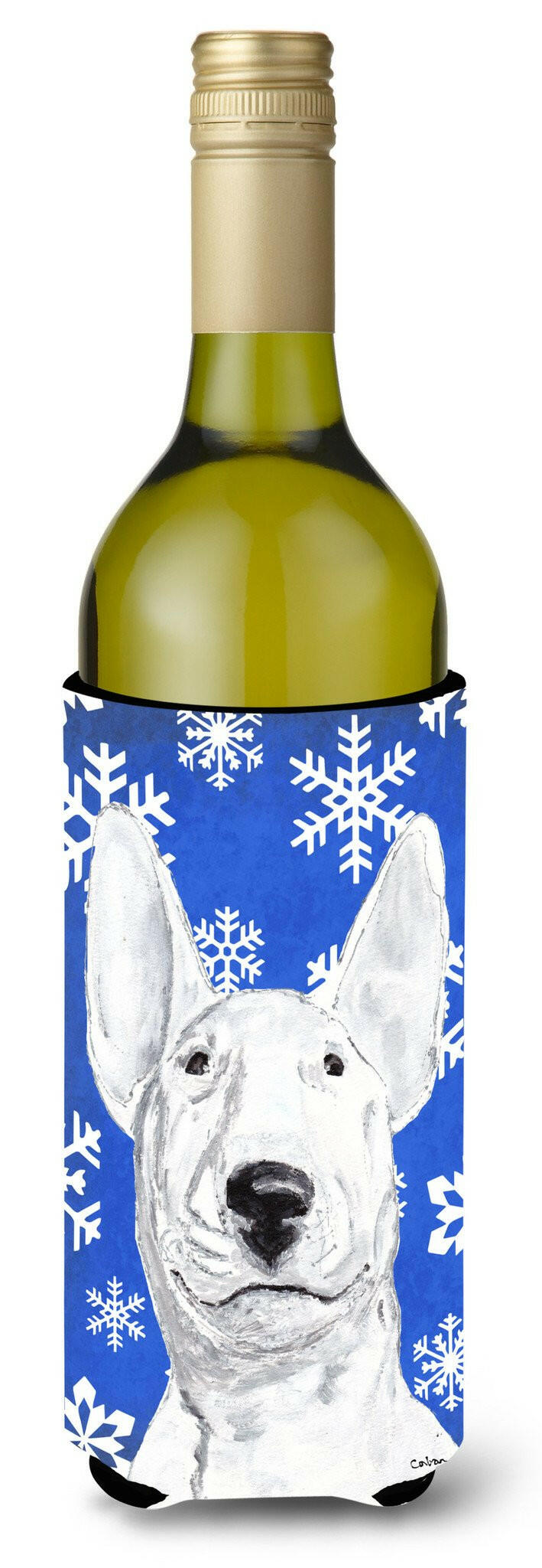 Bull Terrier Blue Snowflake Winter Wine Bottle Beverage Insulator Beverage Insulator Hugger by Caroline&#39;s Treasures