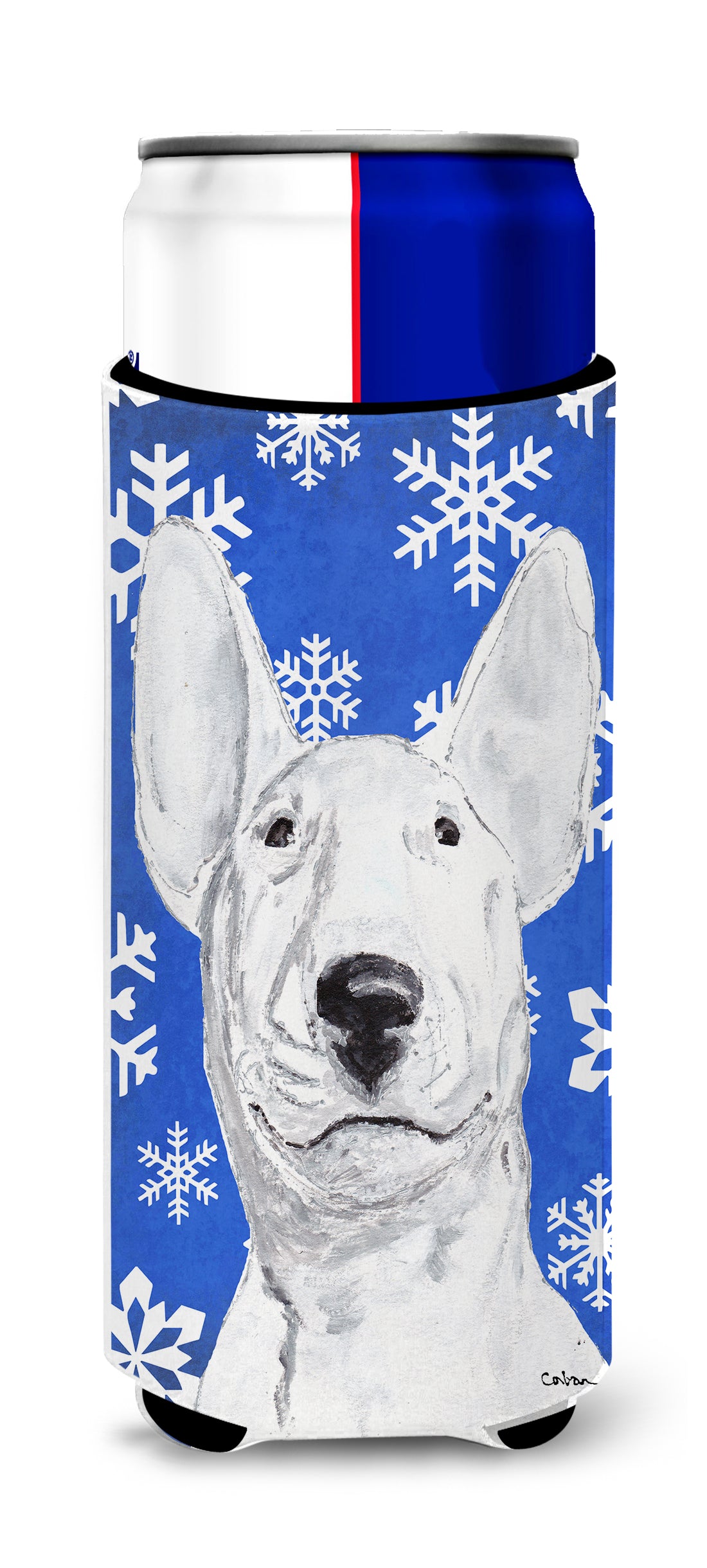 Bull Terrier Blue Snowflake Winter Ultra Beverage Isolateurs pour canettes minces