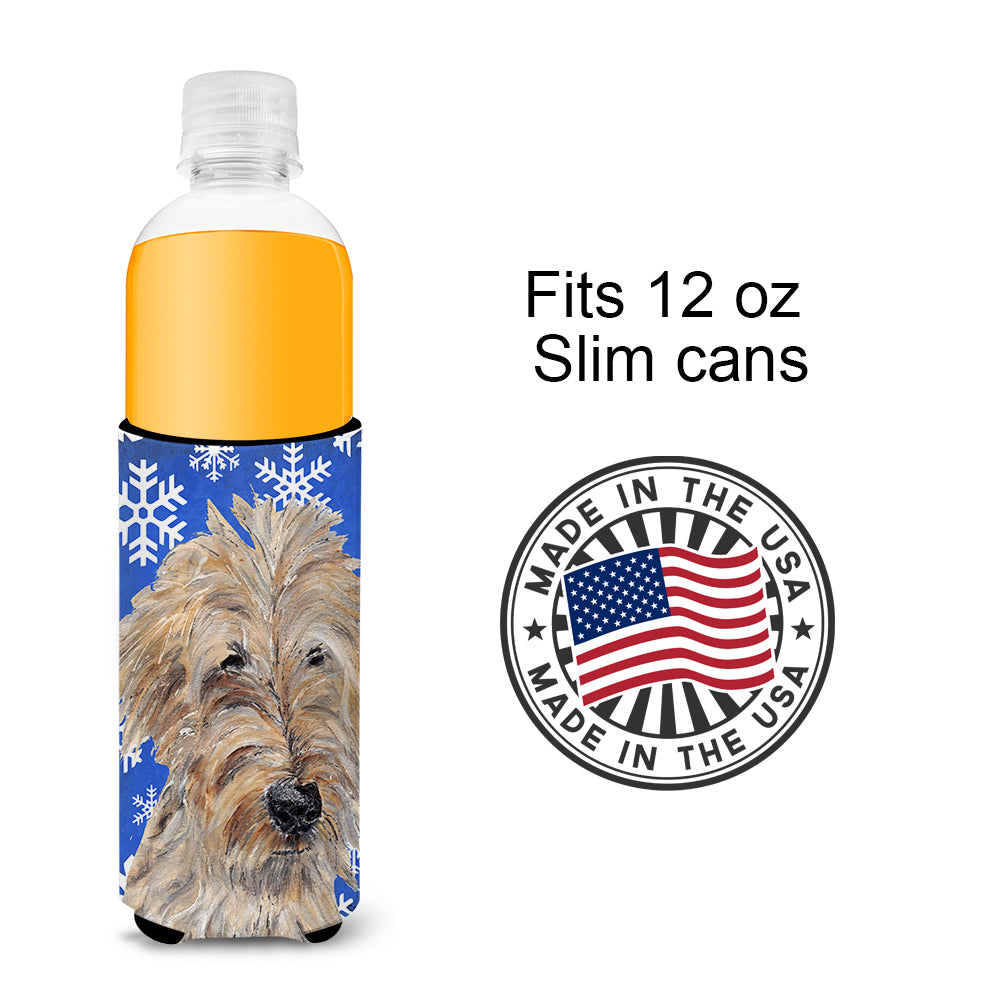 Goldendoodle Blue Snowflake Winter Ultra Beverage Insulators for slim cans.