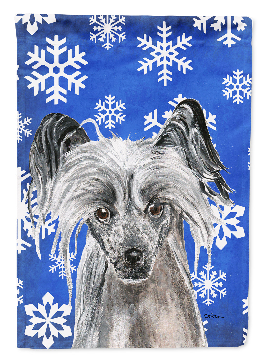 Chinese Crested Blue Snowflake Winter Flag Canvas House Size
