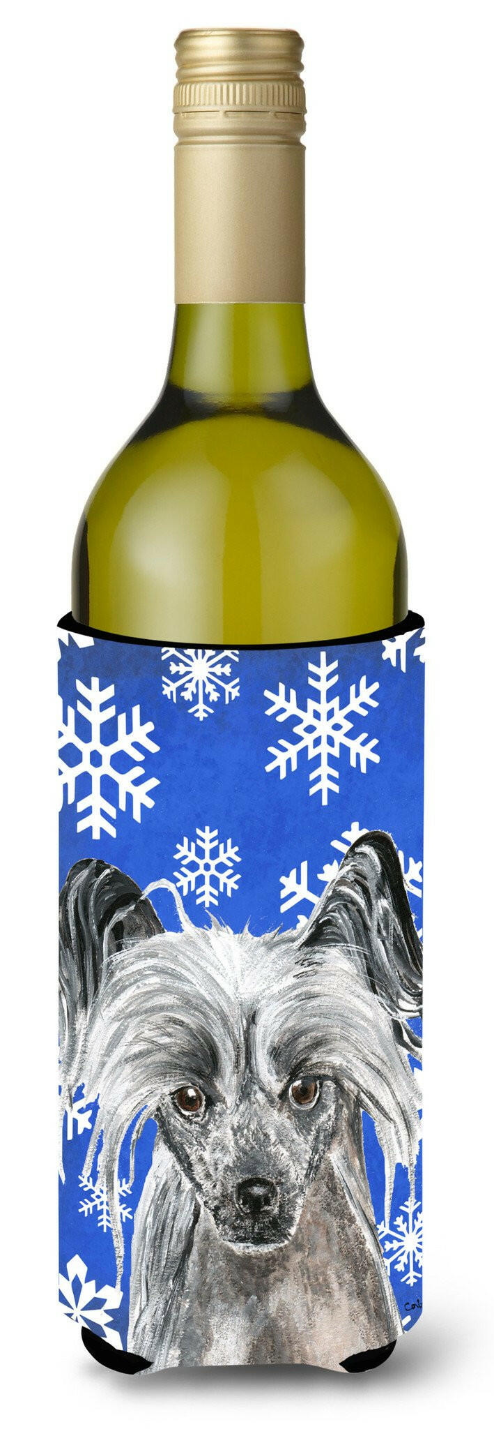 Chinese Crested Blue Snowflake Winter Wine Bottle Beverage Insulator Beverage Insulator Hugger by Caroline's Treasures