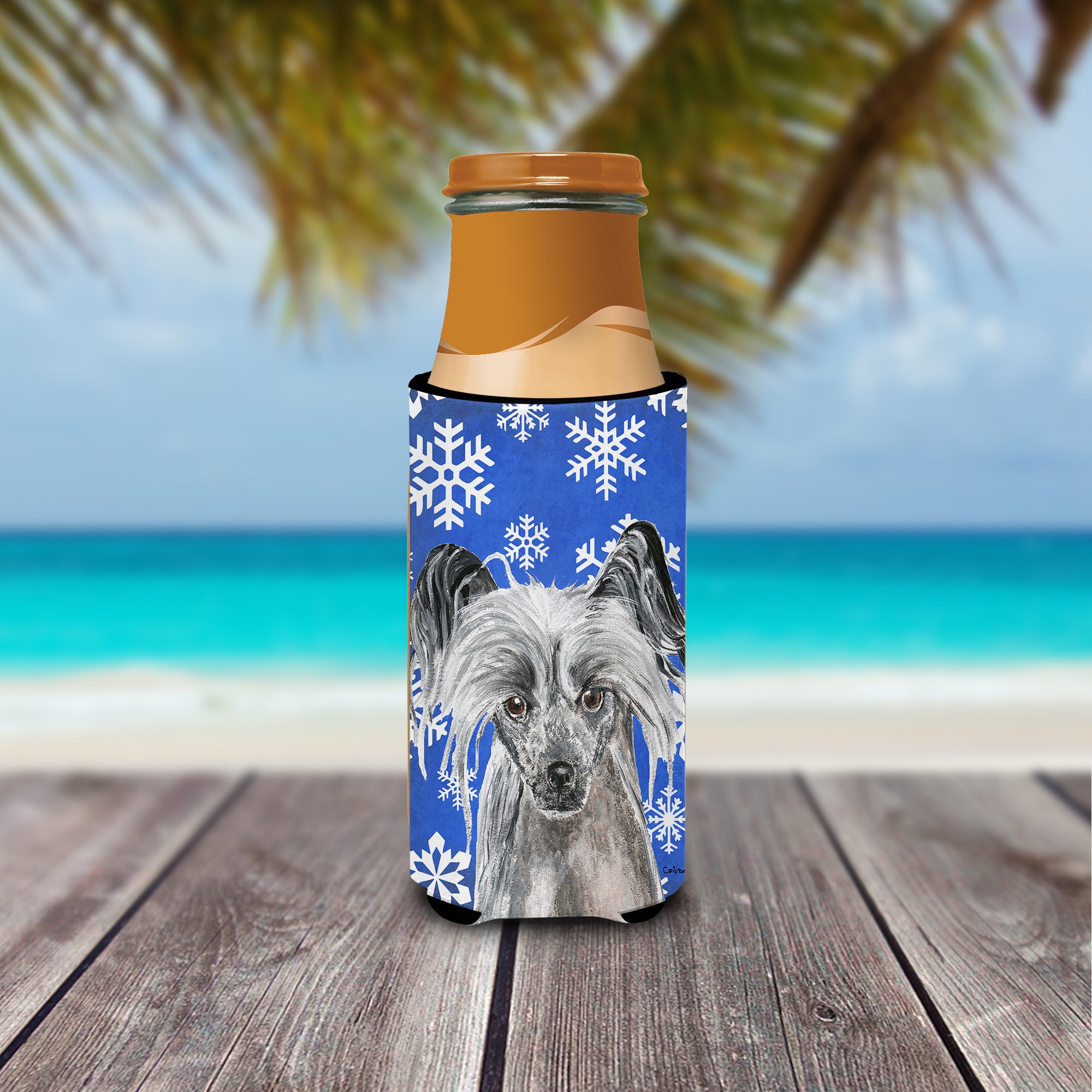 Chinese Crested Blue Snowflake Winter Ultra Beverage Insulators for slim cans