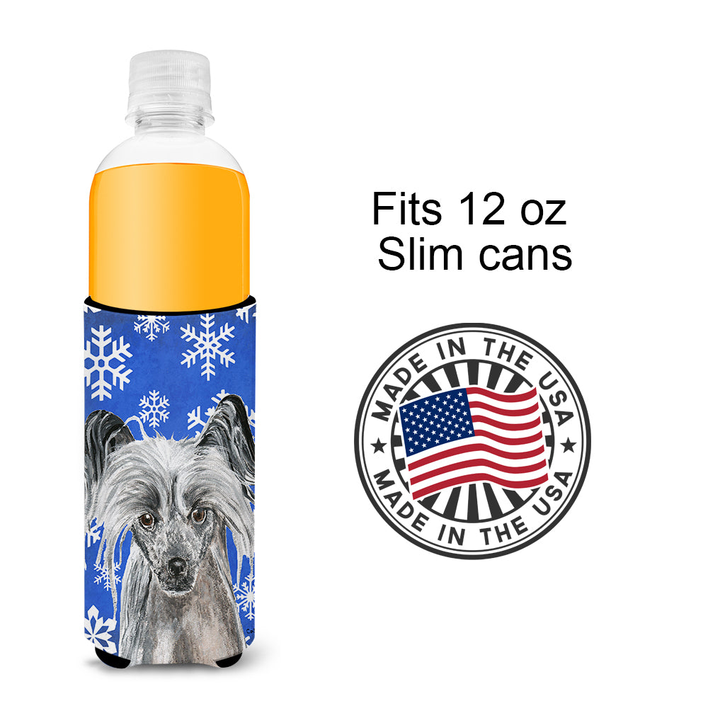 Chinese Crested Blue Snowflake Winter Ultra Beverage Insulators for slim cans