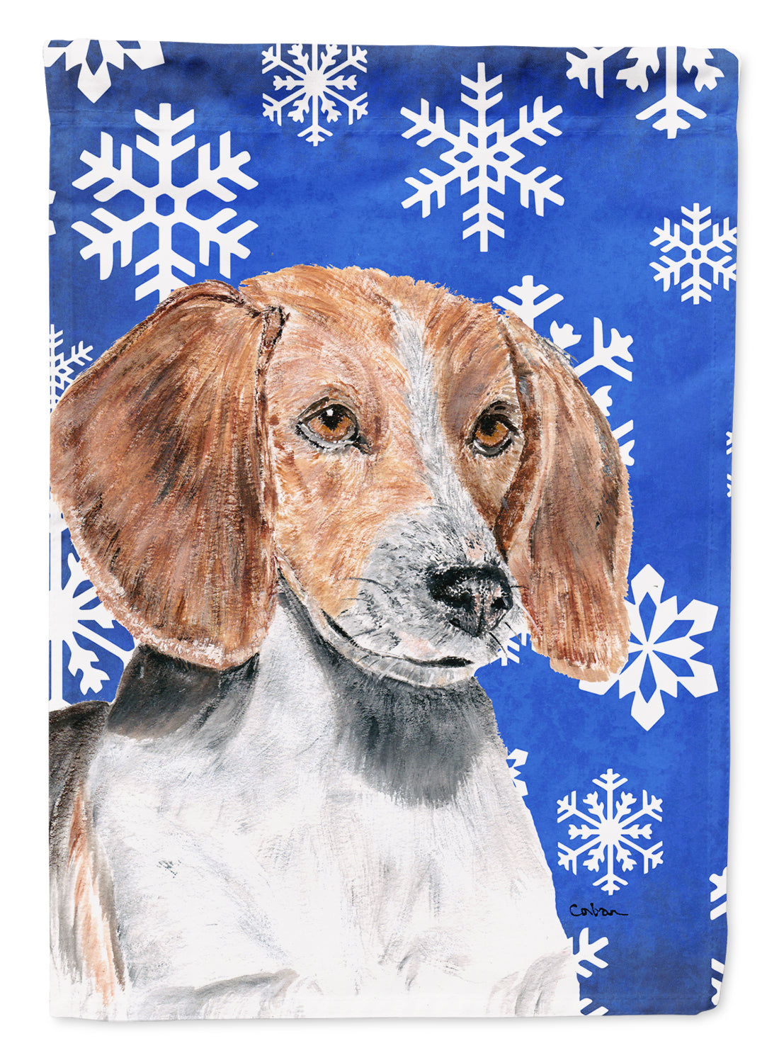 English Foxhound Blue Snowflake Winter Flag Canvas House Size  the-store.com.