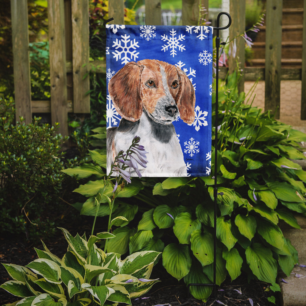 English Foxhound Blue Snowflake Winter Flag Garden Size