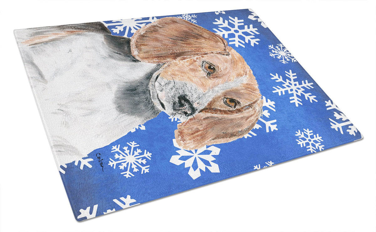 English Foxhound Blue Snowflake Winter Glass Cutting Board Large by Caroline&#39;s Treasures