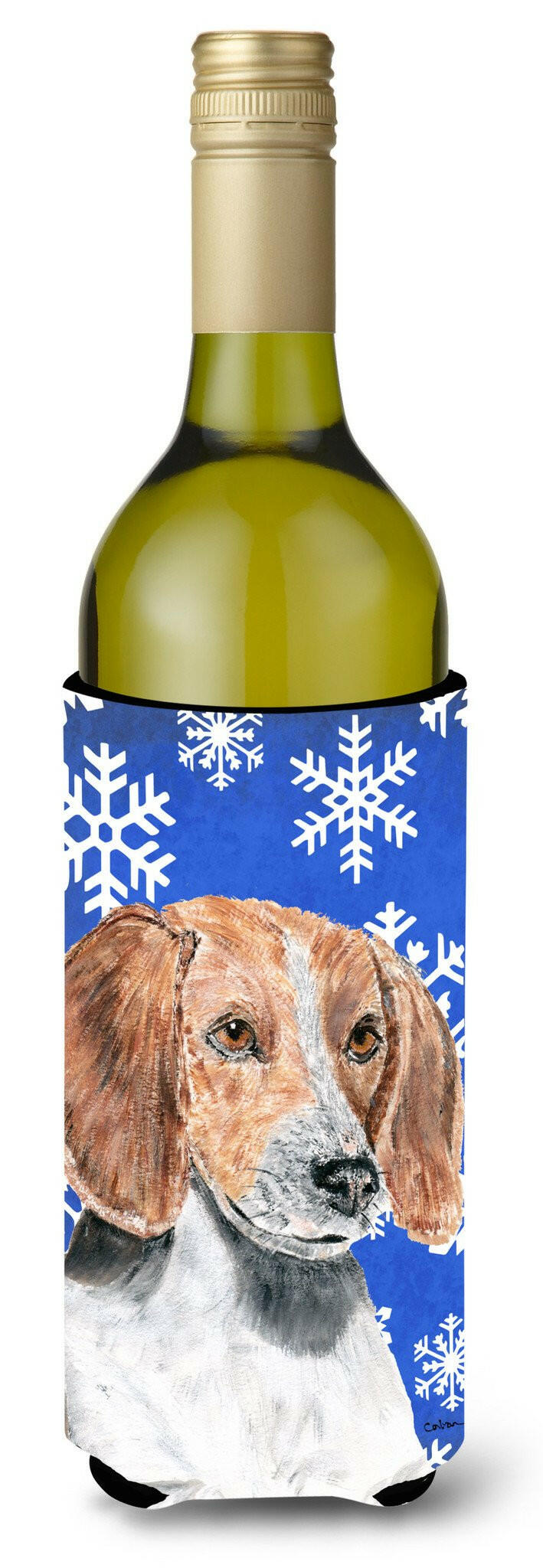 English Foxhound Blue Snowflake Winter Wine Bottle Beverage Insulator Beverage Insulator Hugger by Caroline&#39;s Treasures