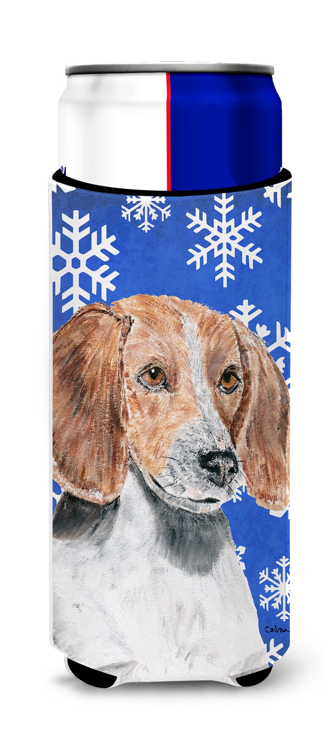 English Foxhound Blue Snowflake Winter Ultra Beverage Insulators for slim cans.