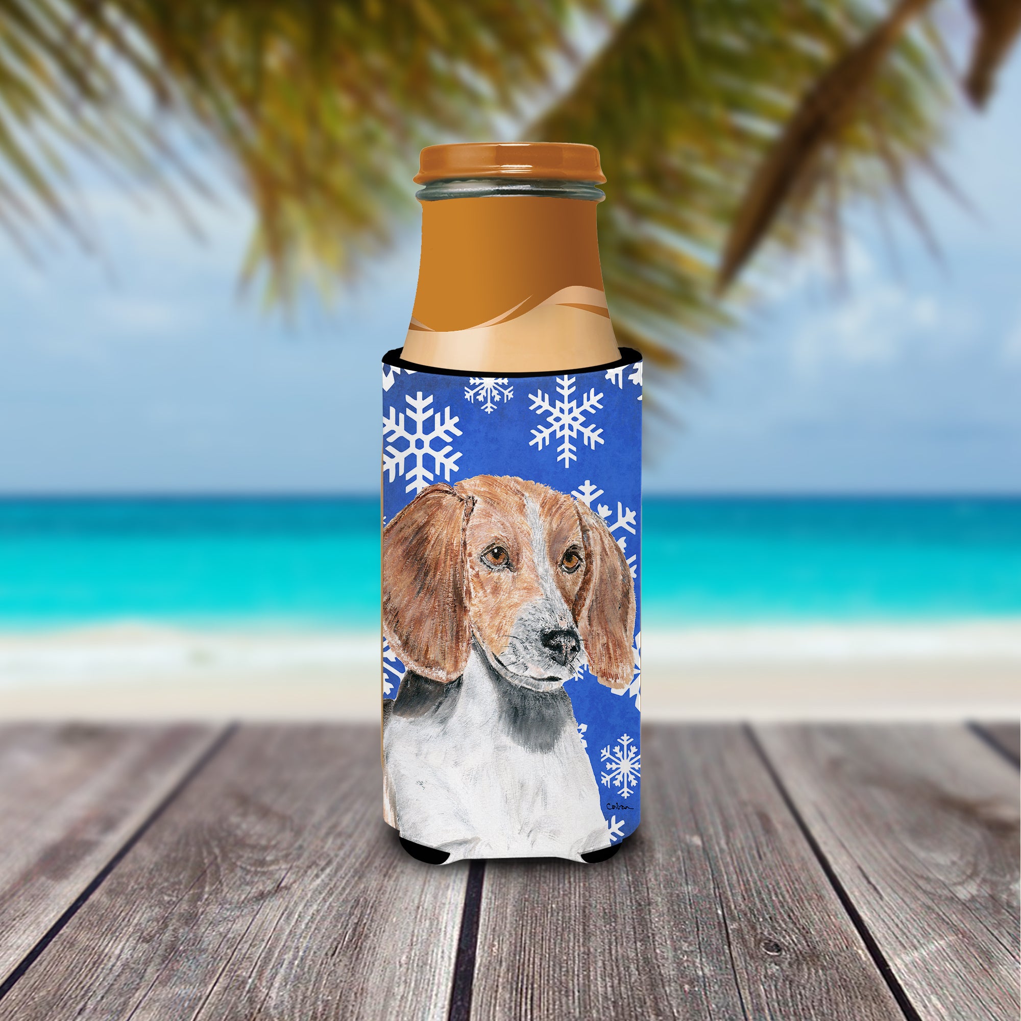 English Foxhound Blue Snowflake Winter Ultra Beverage Insulators for slim cans.