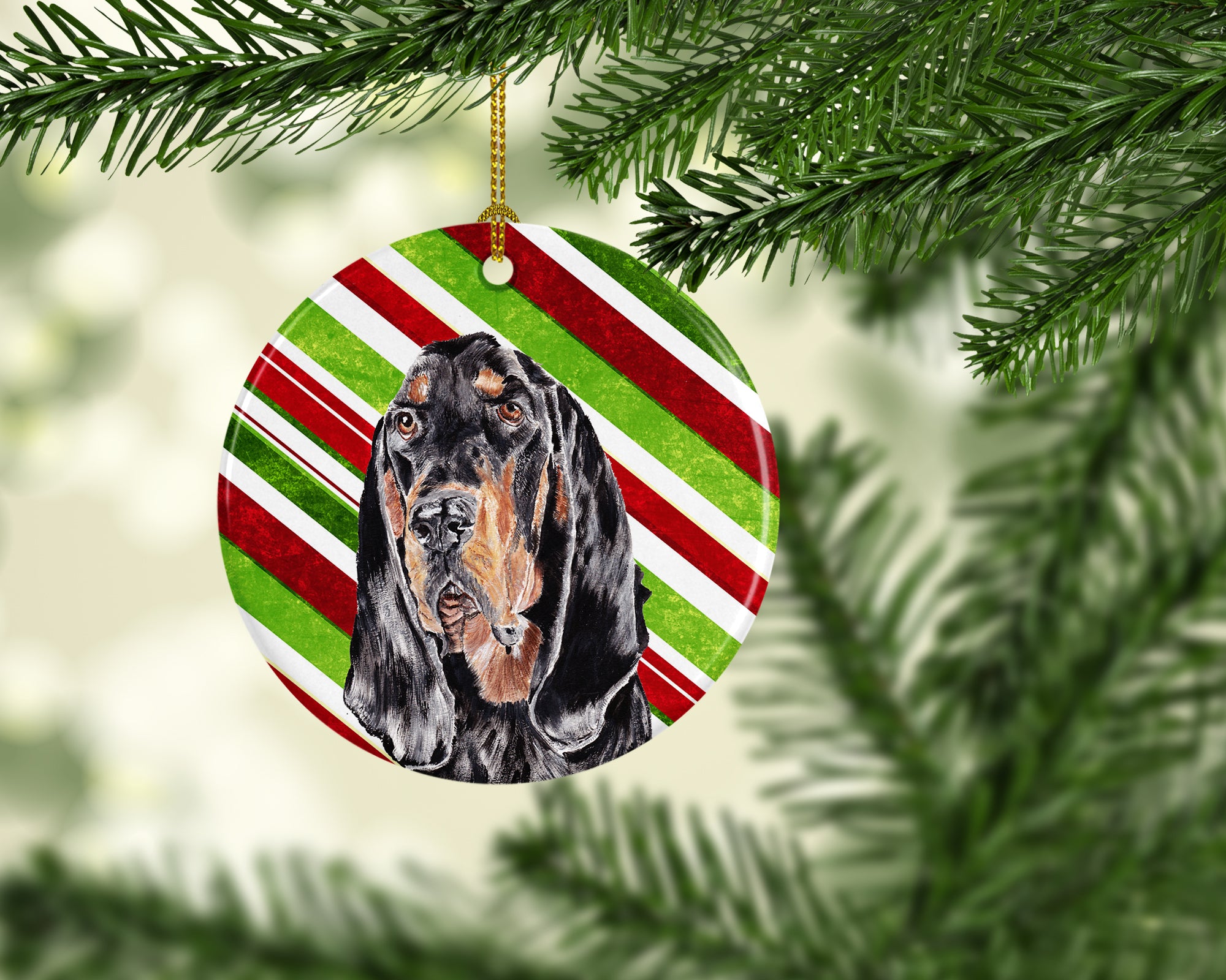 Black and Tan Coonhound Candy Cane Christmas Ceramic Ornament SC9609CO1 - the-store.com