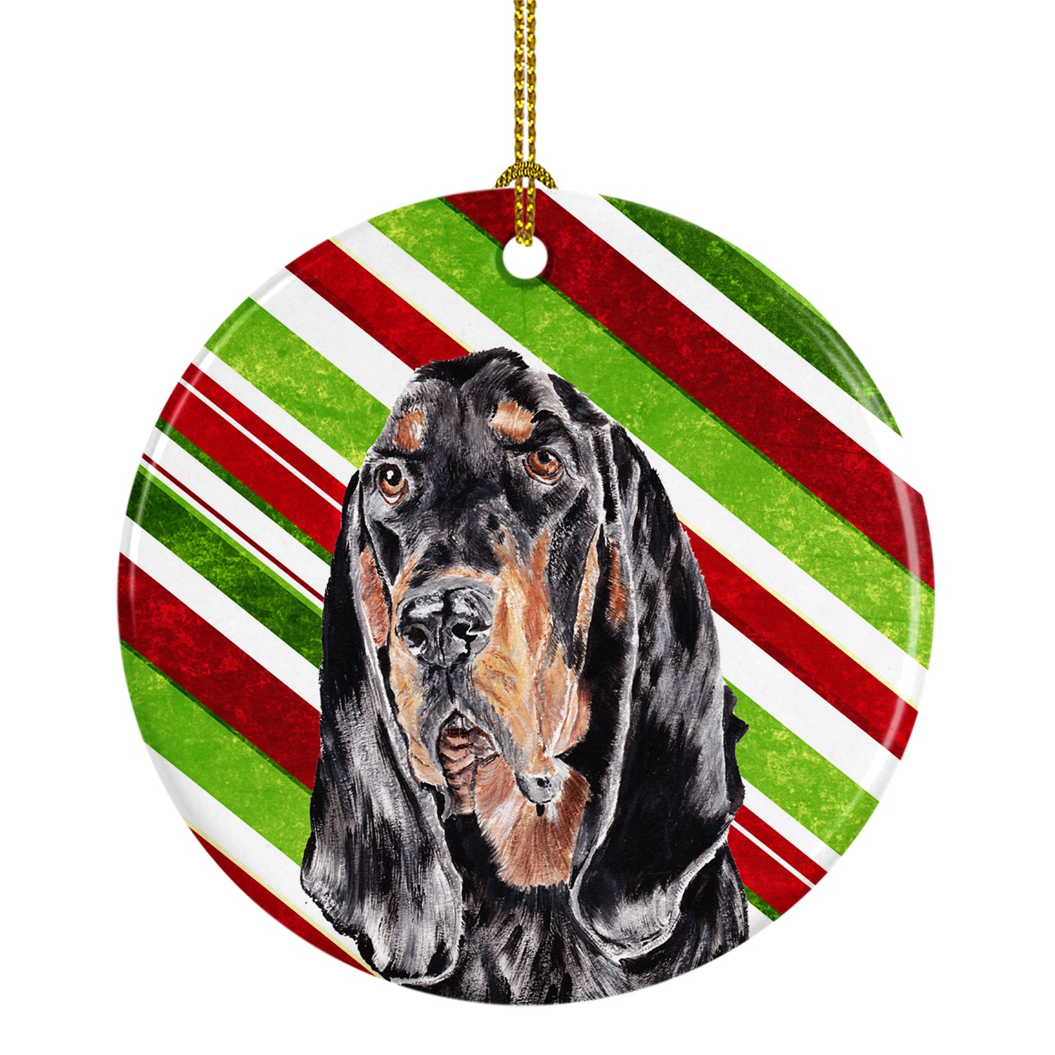 Caroline's Treasures Black and Tan Coonhound Candy Cane Christmas Ornament - Round Ceramic Ornament – Artist-Designed Keepsake Decoration SC9609CO1