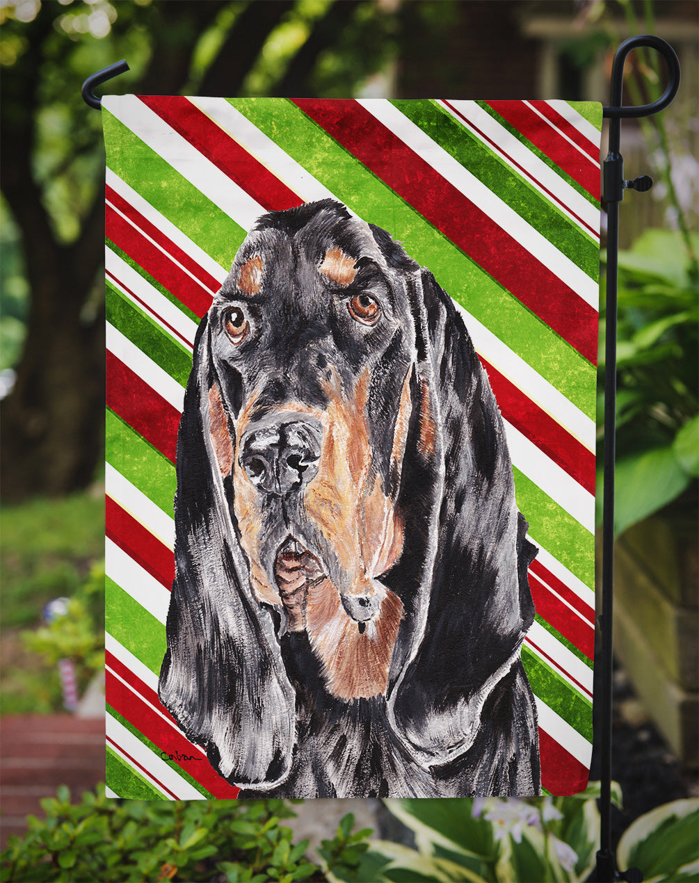 Coonhound Candy Cane Christmas Flag Garden Size