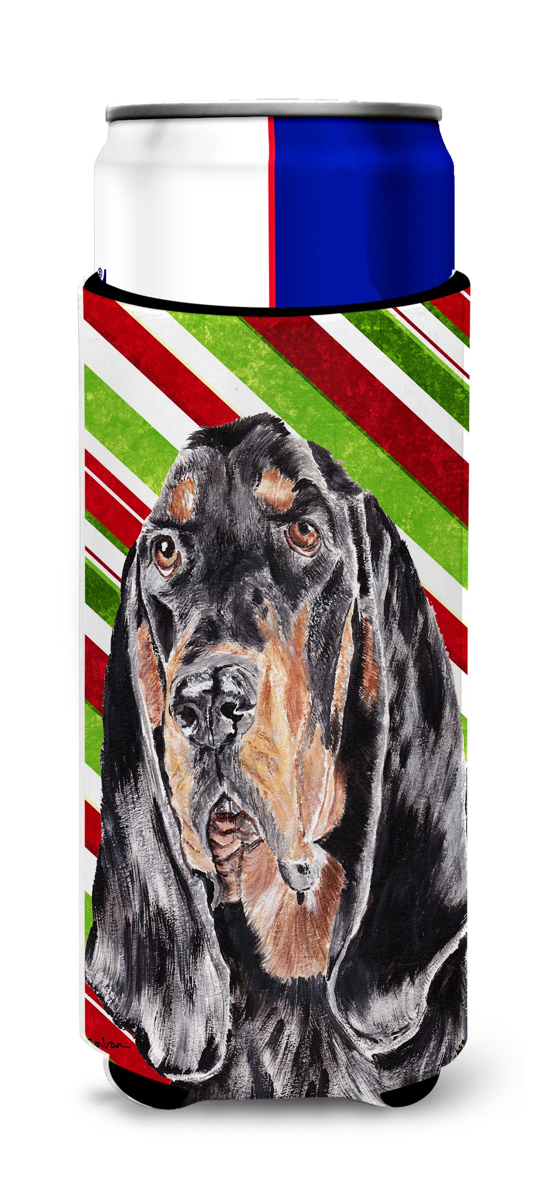 Coonhound Candy Cane Christmas Ultra Beverage Insulators for slim cans.