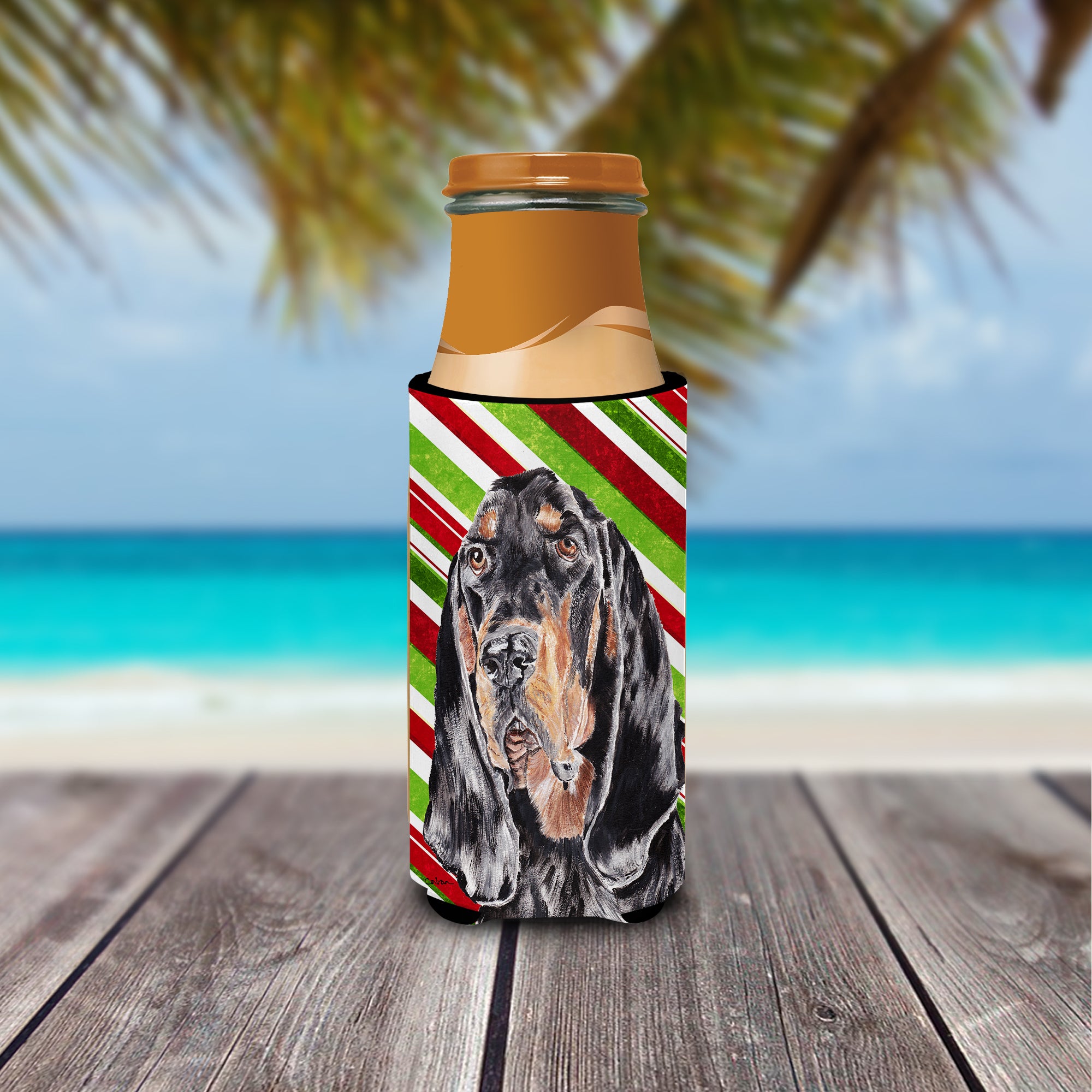 Coonhound Candy Cane Christmas Ultra Beverage Insulators for slim cans.