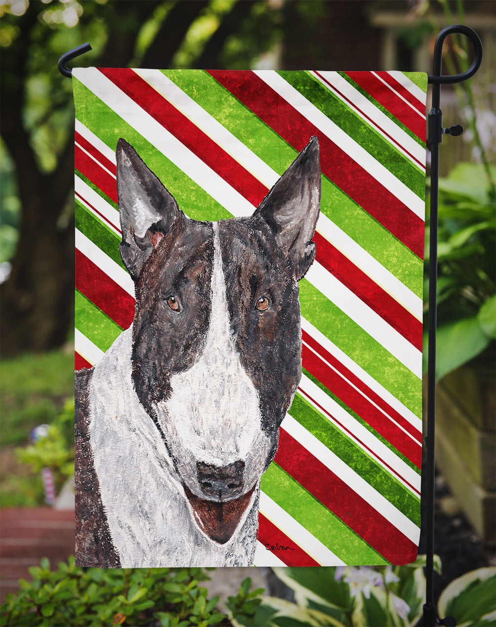 Bull Terrier Candy Cane Christmas Flag Garden Size.